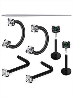 18G Surgical Steel Horseshoe Nose Ring Set CZ Piercing Jewelry